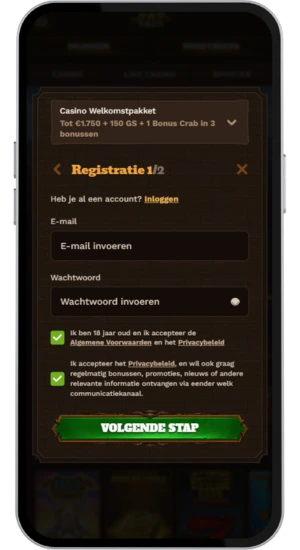 Registratiescherm van casino