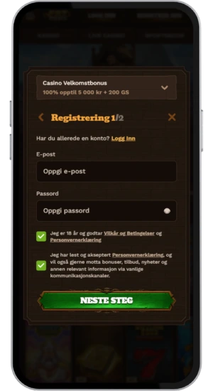 Registreringsskjerm for casino