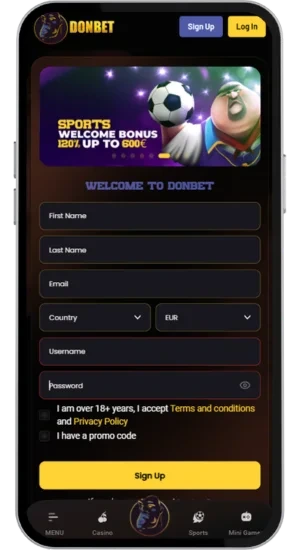 Casino registration screen