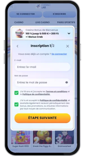 Écran d’inscription au casino