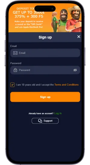 Casino registration screen