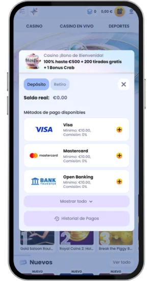 Pantalla de bono por depósito del casino