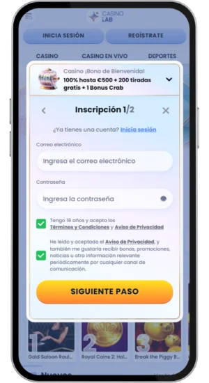 Pantalla de registro del casino